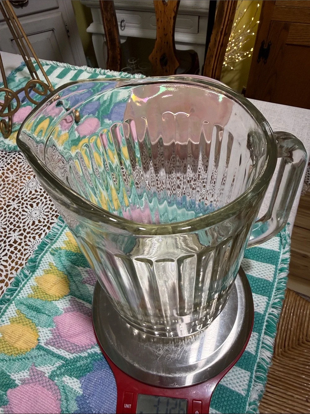 Vintage Clear Glass Ribbed Pitcher heavy beer/ water pitcher
